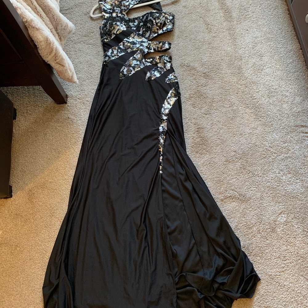 Elegant One Shoulder Black Dress with Silver Accents